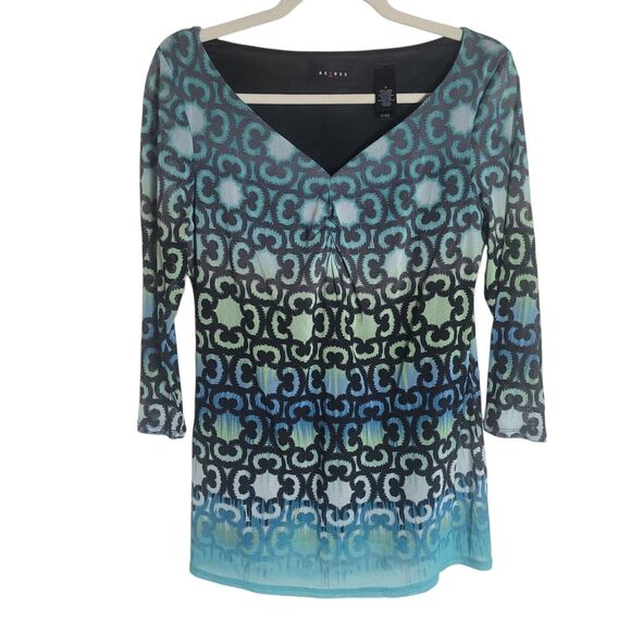 Axcess Y2K 3/4 Sleeve Top Women's Medium M Blue Green Geometric Sheer Lined - Picture 1 of 9